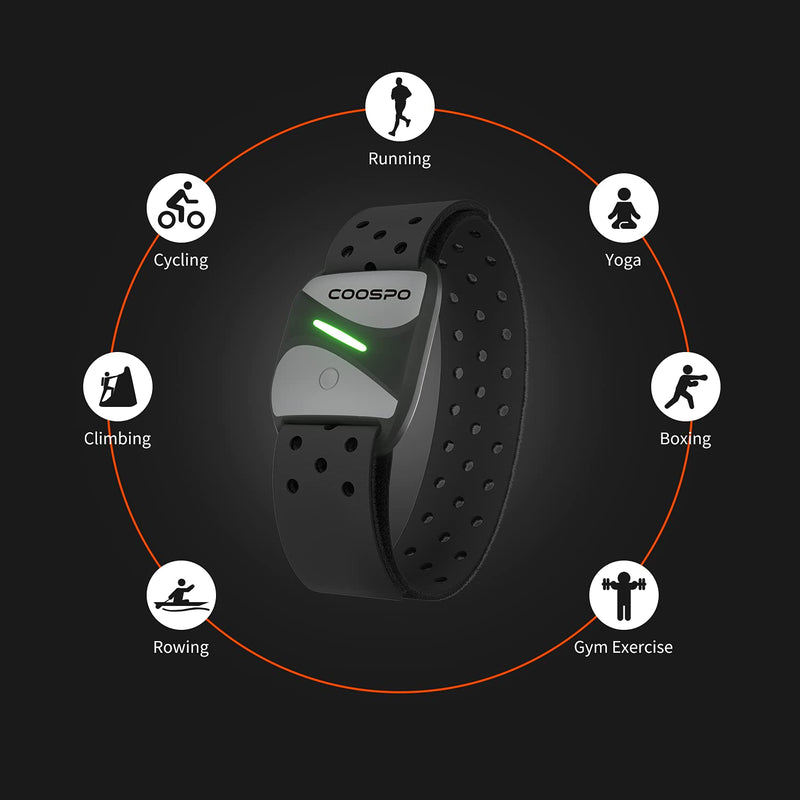 [Australia] - COOSPO Heart Rate Monitor Armband HW807, Bluetooth 5.0 ANT+ HRM with HR Zone LED Indicator, Tracking Heartbeat HRV for Fitness Training, Work with Peloton/Polar/Wahoo/Strava/Zwift/DDP Yoga HW807 Armband Heart Rate Monitor 