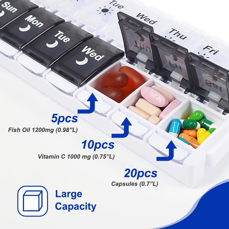 [Australia] - HRX Package Large Pill Organizer 2 Times a Day, Push Button Weekly Medicine Box Vitamin Cases for 7 Day AM PM Black and White 