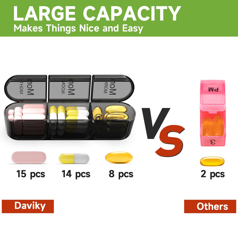 Daviky Weekly Pill Organizer 3X a Day, Travel Pill Box7 Day Light-Proof | Pill Case 3 Times a Day, Easy Open, Arthritis-Friendly, Large Capacity, for Medication, Vitamin, Fish Oil, Supplement, Black