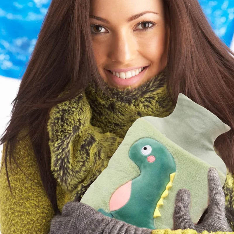 [Australia] - MHwan Hot Water Bottle, 2L Large Thickened Plush Fluffy Hot Water Bottle Children Adults, Cute Cuddly Dinosaur Hot Water Bottle Animal, Safe, Explosion-Proof Leak-Proof, Removable for Cleaning Green Dinosaur 