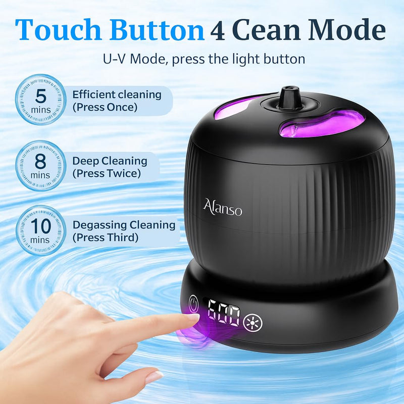 [Australia] - 50kHz Ultrasonic Retainer Cleaner Machine for Travel & Home, Portable Denture Cleaner with Removable Base, 4 Modes Timer, Dental Cleaning Pod for Aligners, Braces, Mouth Guard, Jewelry, Toothbrush Black 
