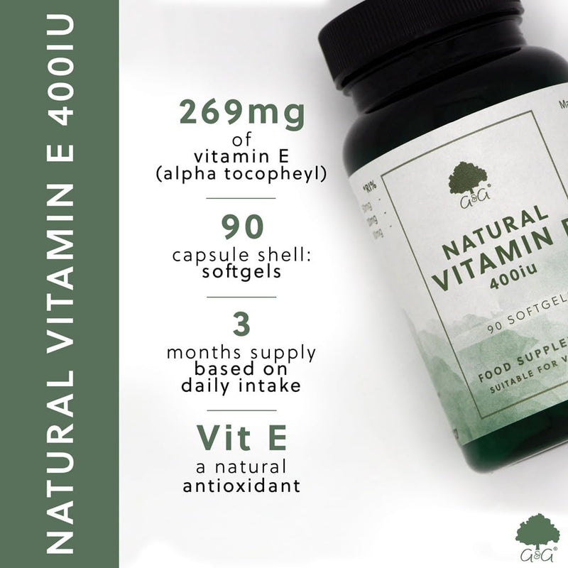 Vitamin E Softgels 400iu - D-Alpha Tocopherol Acetate - 90 Softgels - Non-GMO, Made in The UK - G&G Vitamins