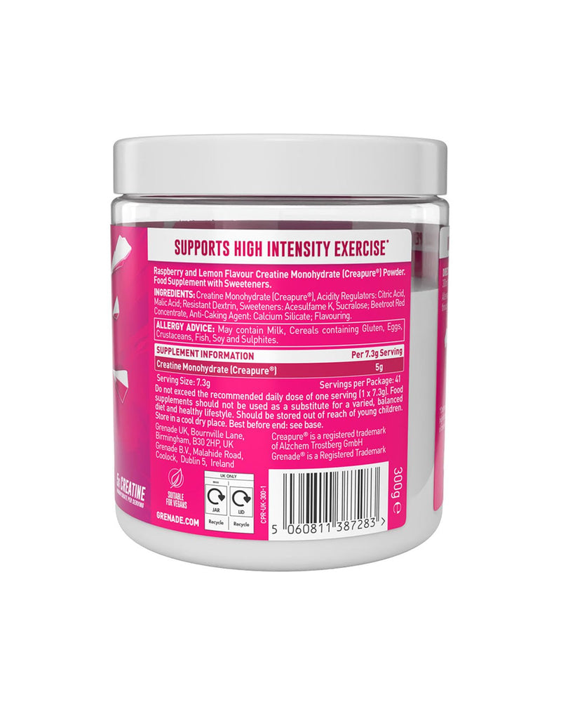 Grenade Creatine Monohydrate Powder, Pink Razzberry Flavoured Creatine Supplement, 5 g per Serving, 41 Servings, 300 g (Pack of 1) - Vegan & Vegetarian Friendly