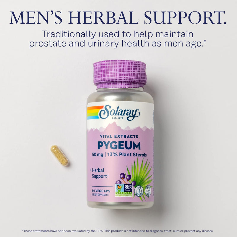 [Australia] - SOLARAY Pygeum Bark Extract 50mg - Pygeum Supplement for Prostate Health Support - Guaranteed to Contain 6.5mg Plant Sterols Like Beta Sitosterol, Non-GMO, Vegan, 60-Day Guarantee, 60 Serv, 60 VegCaps 60 Count (Pack of 1) 