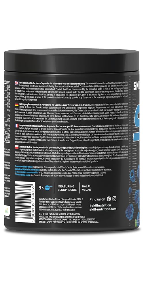 Skill Nutrition Pre-Workout Blue Raspberry - No-Crash Formula with Extended-Release Caffeine | Xtenergy®, TheaGreen™, Vitacholine®, Astragin® | Vegan, Halal | B-Vitamins, Citrulline, Beta-Alanine