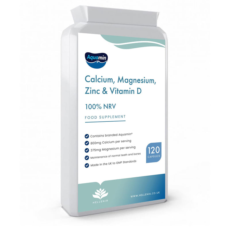 Calcium, Magnesium, Zinc & Vitamin D3 Supplement - 120 Capsules | for Bones, Teeth & Muscle Function | Easy to Swallow Capsules | Immune Booster | Vegan Friendly - Made in the UK by Hellenia