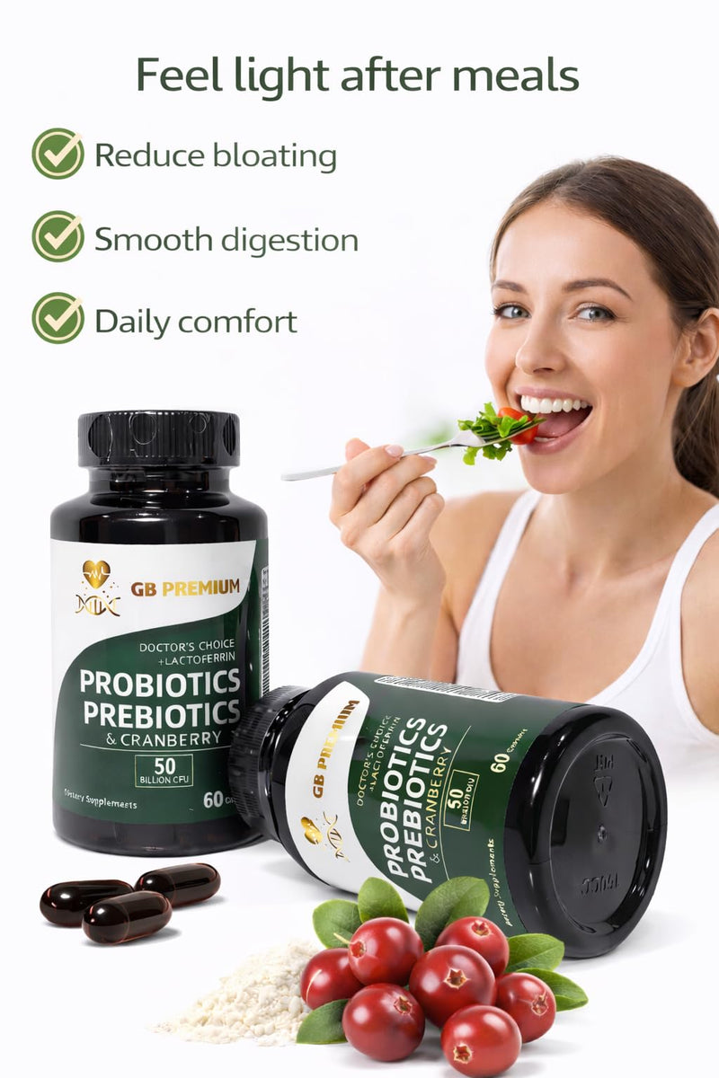 Probiotics, Prebiotics and Cranberry Supplement with Lactoferrin, 50 Billion CFU, 60 Capsules