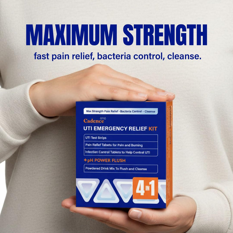 Complete 4-in-1 UTI Emergency Relief Care Kit Comes with 2 Urinary Tract Infection Test Strips, 12 UTI Maximum Strength Pain Relief Tables, 12 Infection Control Tablets and Proprietary pH Power Flush