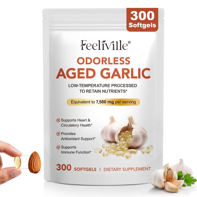Aged Garlic Extract Capsules | 300 Softgels | Odourless Garlic Capsules | High Strength | Cold Pressed | Non-GMO, Gluten-Free, Heart Health, Antioxidant & Immune Support