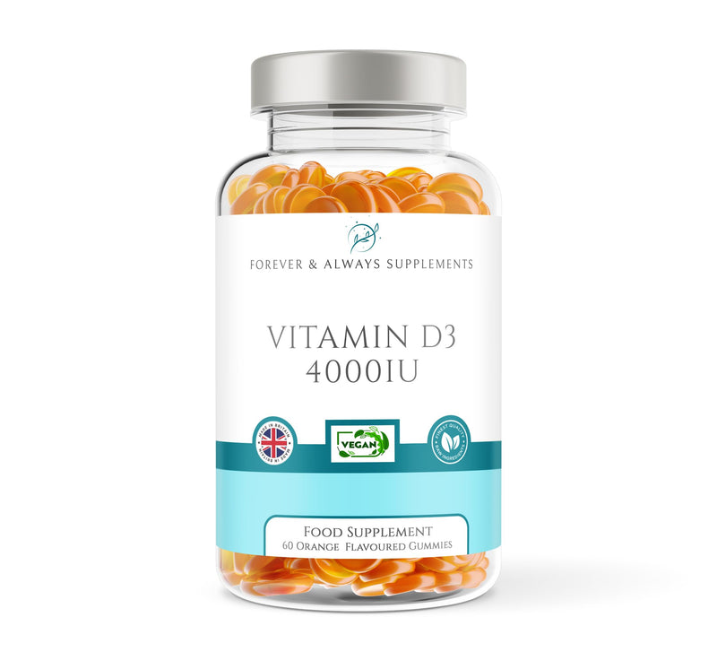 Vitamin D3 4000iu Gummies - High Strength 100μg Gummy - 60 Orange Flavoured Gummies - Vitamin D Supplement Teeth, Bone, Muscles & Immune System Support
