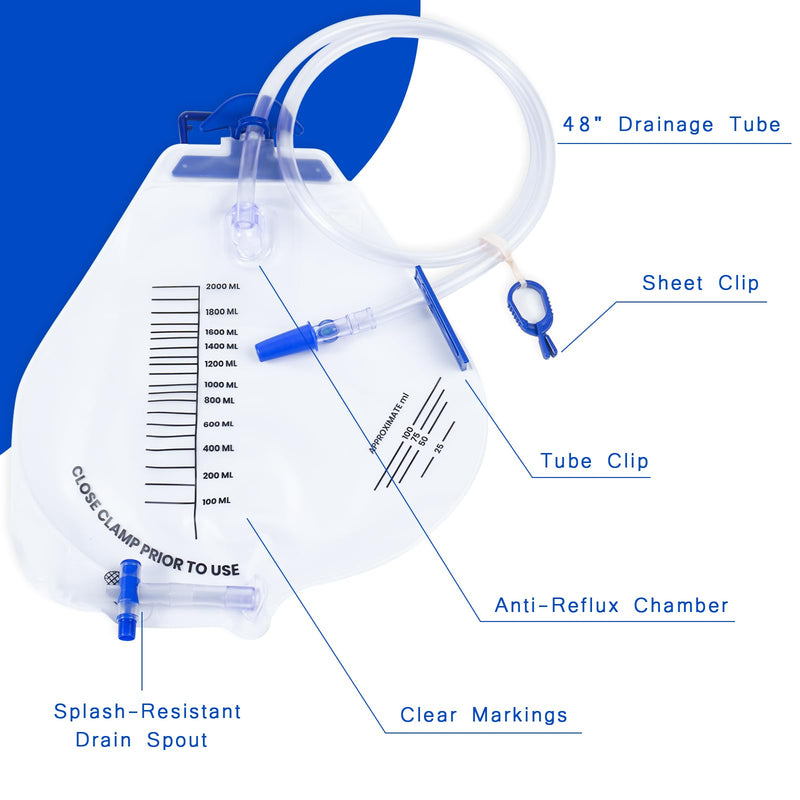 [Australia] - 5 Pack Sterile Urinary Drainage Bag,2000mL Overnight Bedside Disposable Urine Bags with Anti-Reflux Valve, 48" Tube Drainage 2000ml-5pack 