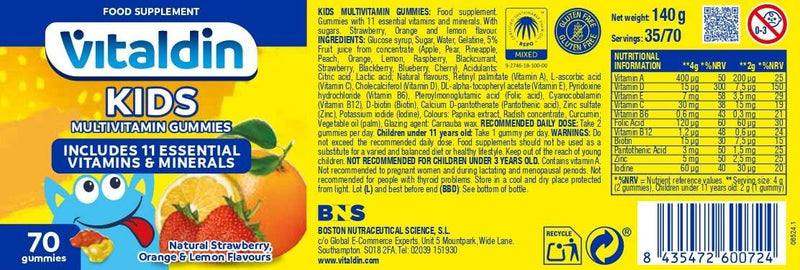 VITALDIN Kids Multivitamin Gummies – Food Supplement for Children with 11 Essential Vitamins & Minerals – 70 Chewable Gummies (1-Month Supply); Fruit Flavour – Vitality & Immune System – Gluten Free