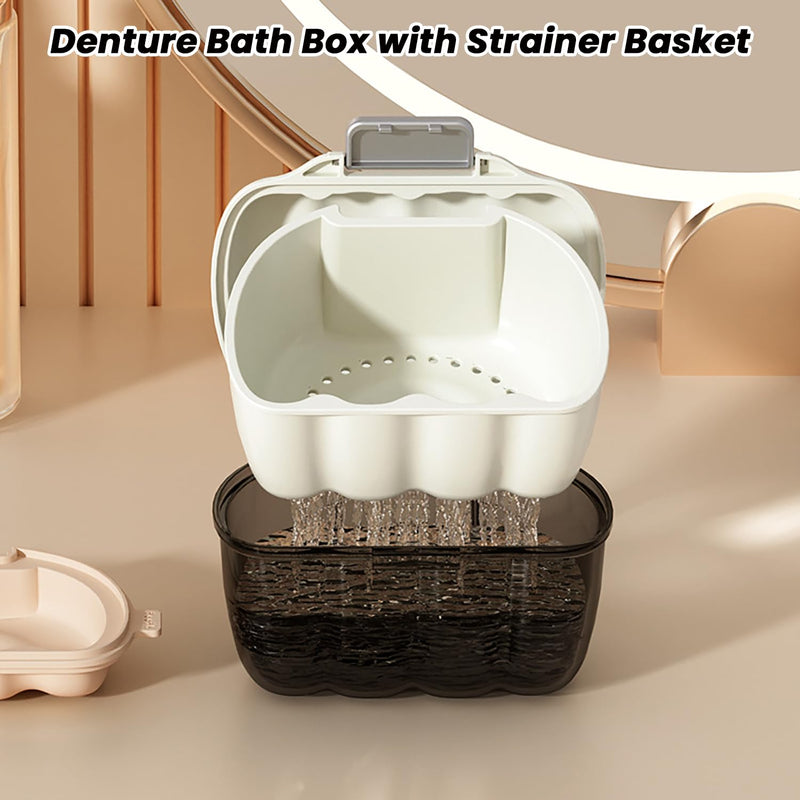[Australia] - AARAINBOW Retainer Cleaner Case, Leak Proof Denture Bath Box with Strainer Basket, 2 in 1 Denture Container for Travel, Braces Storage Bath Box Mouth Guard Cleaning Denture Holder (D White) D White 