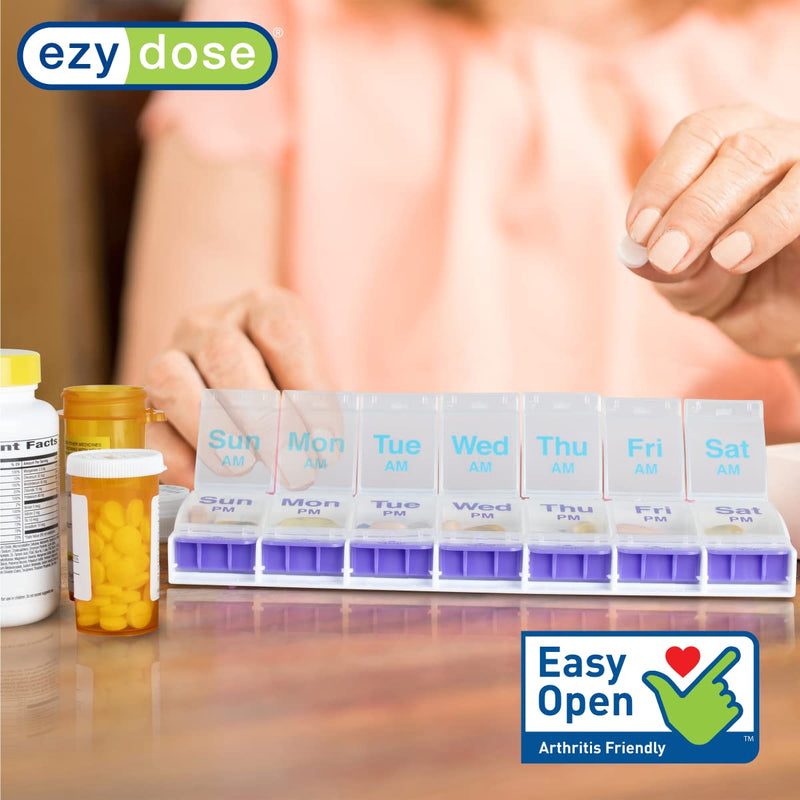 Ezy Dose Weekly (7-Day) Pill Case, Medicine Planner, Vitamin Organizer Box, 3X-Large Push Button Compartments, 4 Times a Day, Clear Lids, BPA Free
