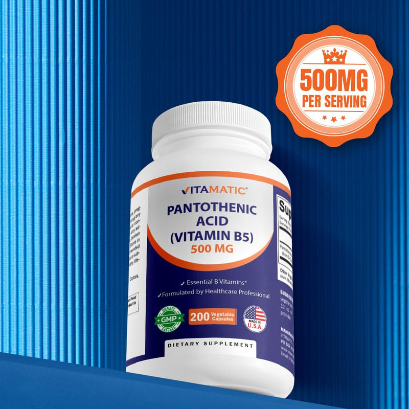Vitamatic Pantothenic Acid (Vitamin B5) 500 mg, 200 Vegetarian Capsules | Supports Energy Metabolism*, Coenzyme Production*, Nutrient Metabolism, Non-GMO, Gluten Free, Made in USA