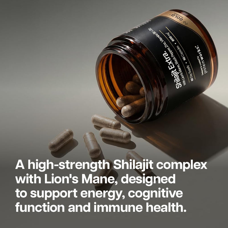 Shilajit Extra - Gold, with Lion's Mane, Black Pepper, Vitamin B12 & B6, Zinc, High Strength Himalayan Shilajit, Focus, Energy, Immune Support, Vegan, 60 Capsules | Protein Works
