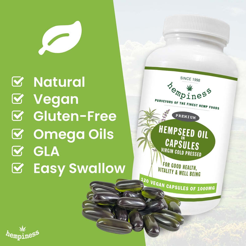 Organic Hemp Seed Oil Vegan Capsules 1000mg - 120 Softgel Capsules with Organic Cold-Pressed Hemp Seed Oil - Omega 3,6,9 - Since 1998 1