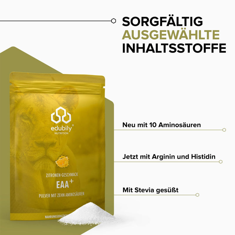 [Australia] - edubily nutrition® EAA powder • High-quality vegan amino acid complex made of 10 essential amino acids (EAAs) • Lemon flavor • Sweetened with stevia • 400 g lemon 