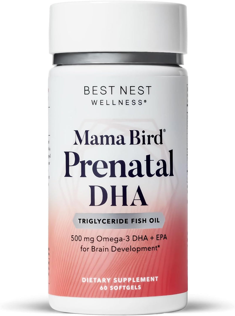 [Australia] - Best Nest Wellness Mama Bird Prenatal DHA Vitamin, Prenatal Omega 3 DHA Supplements, Supports Baby's Brain & Eye Development, 500 mg Triglyceride Fish Oil, Easy to Swallow Lemon Flavor Softgels, 60 Ct Fish Oil DHA 