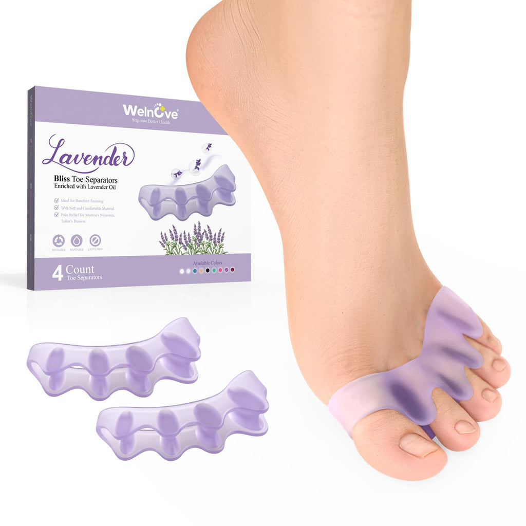 Welnove Toe Separators Spacers for Women - Toe Spacers with Lavender Extract, Toe Straightener for Women Men -Bunion Corrector Toe Stretcher for Hammertoe Yoga Practice - Lavender, 4 Pack