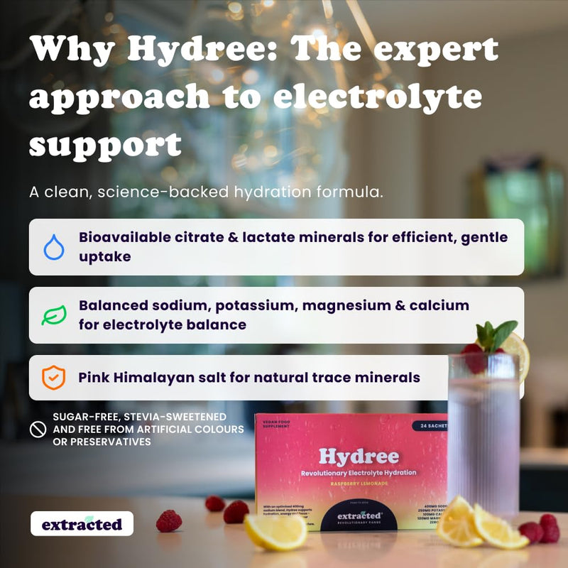 Hydree Advanced Electrolyte Drink Mix, Sodium Potassium Magnesium Calcium Citrate Blend, Natural Raspberry Flavour, Zero Sugar, Himalayan Salt and Stevia, 24 Single-Serve Sachets