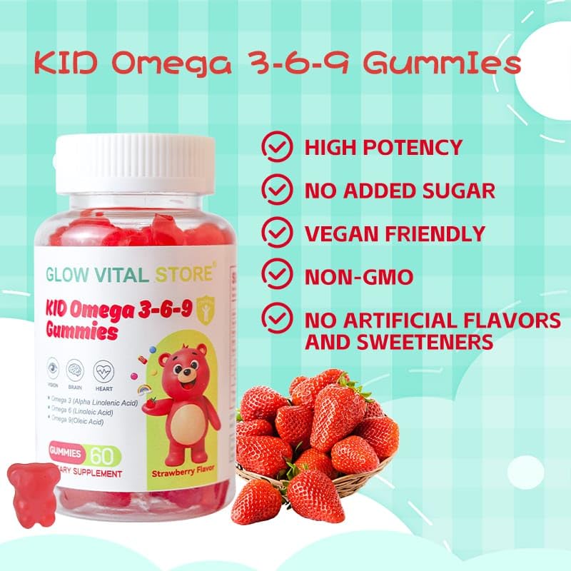 Kids Omega 3-6-9 Gummies – Plant-Based Brain, Eye & Heart Support – Strawberry Flavor – ALA, LA, Oleic Acid – Vegan, Gluten-Free, Non-GMO – 60 Gummies by Glow Vital Store (1) 1