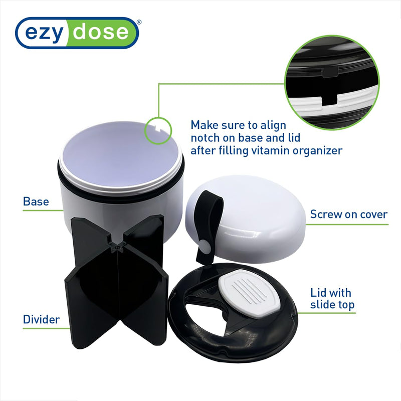 Ezy Dose Mini Vitamin Organizer, Multi Compartments, White & Black, Medium | Portable and Compact Design, Easy Access Sliding Pill Dispenser, Supplement Organizer with Anti-Mix Design, Travel Friendly White and Black/Medium