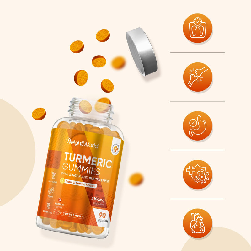 Turmeric Gummies with Black Pepper & Ginger 2100mg | 90 Vegan Gummies | Natural Lemon Flavour | 3 Months Supply | Non-GMO & Gluten Free | 3-in-1 Turmeric Supplement for Men & Women