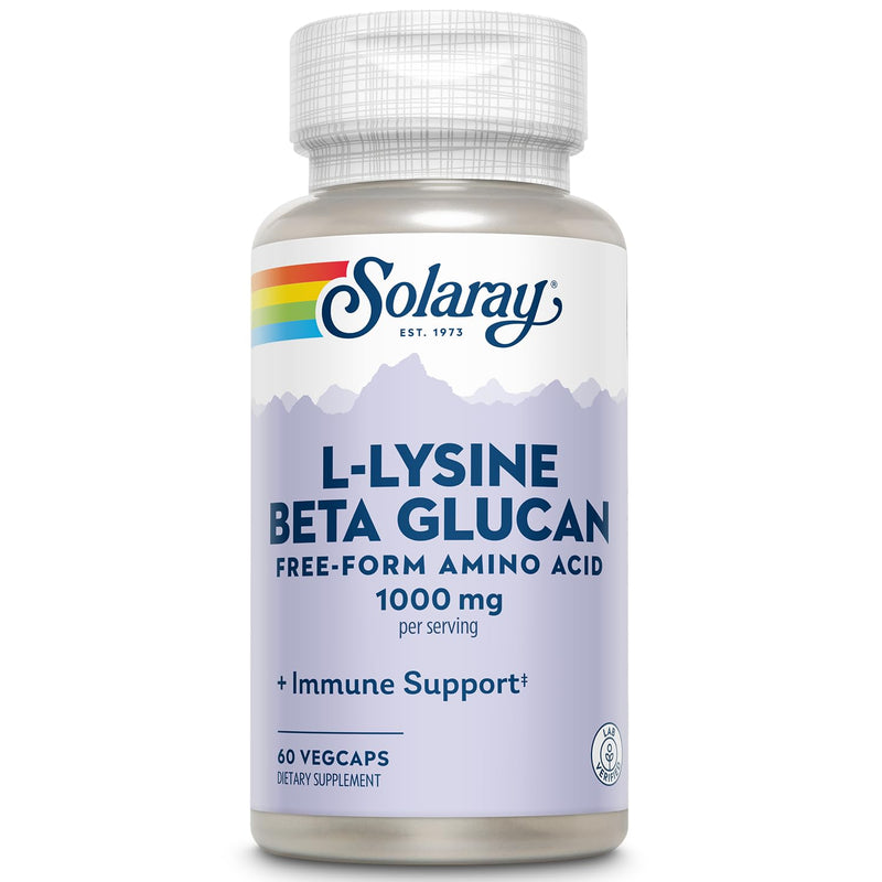 [Australia] - SOLARAY L-Lysine with Beta Glucan, Free Form Amino Acid, L-Lysine 1000mg Capsules, Immune Support Supplement, Healthy Skin and Lips Support, 60-Day Guarantee, Lab Verified, 30 Servings, 60 VegCaps 