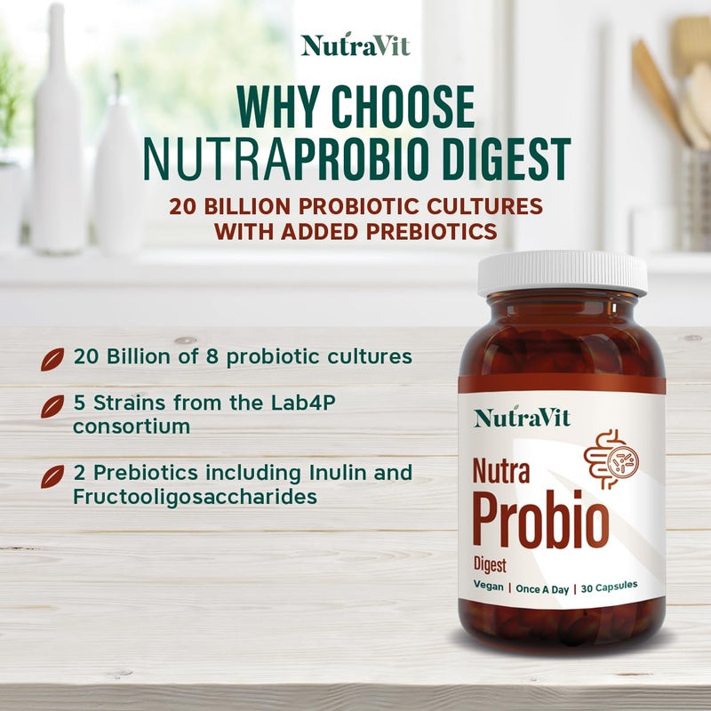 NutraProbio Digest - 20 Billion Probiotic Cultures for Gut & Digestive Health - with Added Prebiotics, Inulin & FOS - Improves Digestion & Immune System - NutraVit, 30 Capsules