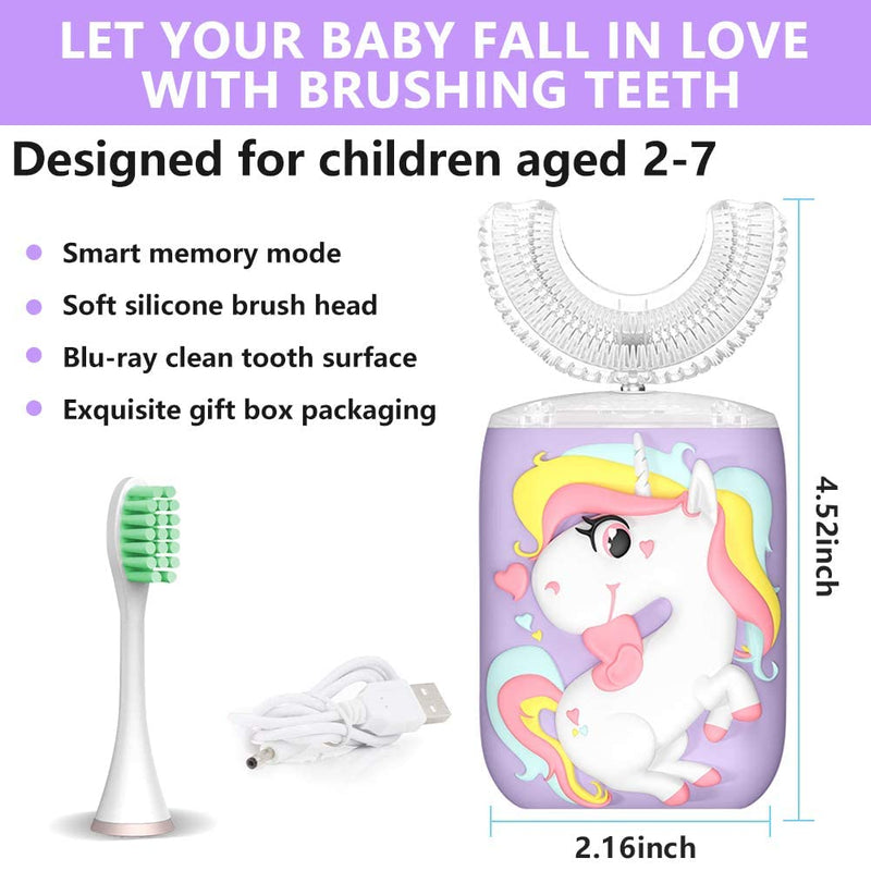 [Australia] - Kids Toothbrush Electric, U Shaped Ultrasonic Automatic Toothbrush with 2 Brush Heads, Six Cleaning Modes, Cartoon Modeling Design for Kids, Special for Birthday Gift (Purple, Kids 2-7) Purple 1 Count (Pack of 1) 