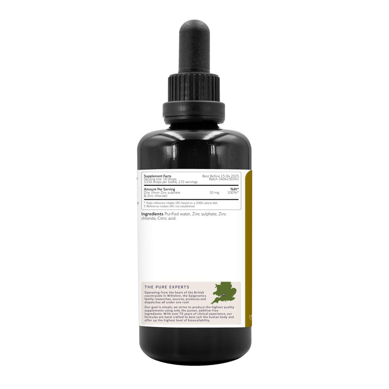 Zinc Liquid Drops 100ml | 10mg Per Dose (Zinc Sulphate & Chloride) | Immune System Support | UK Made Vegan Friendly Mineral Supplement | 133 Servings
