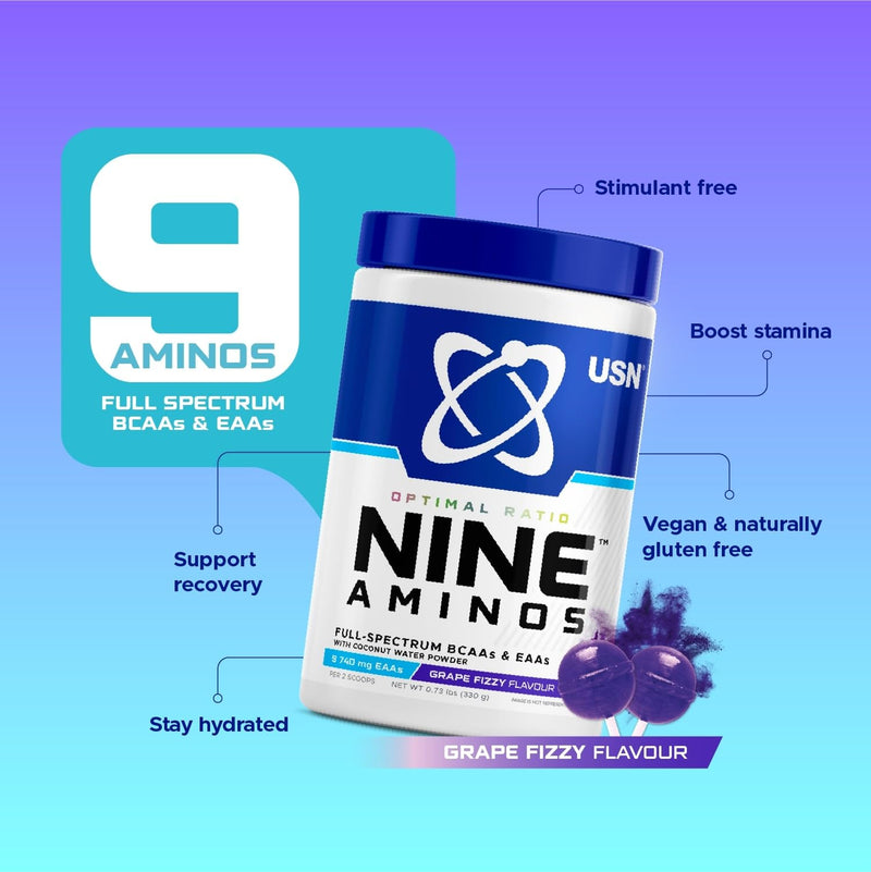 USN Nine Aminos – BCAA Amino Acids & EAA Essential Amino Acids Powder with Added Magnesium & Coconut Water Powder to Support Recovery and Hydration. Grape Fizzy Pop Flavour (330g – 30 Servings)