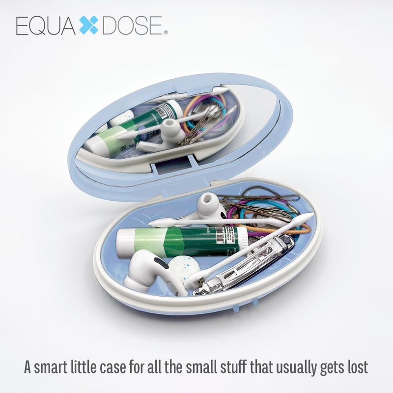 Equadose Oval Compact Pill Case, Portable Organizer with Mirror, Blue | Travel Medication Holder with Removable Divider, Small Storage Case for Pills, Vitamins, Earbuds, Jewelry & Daily Essentials Oval/Blue