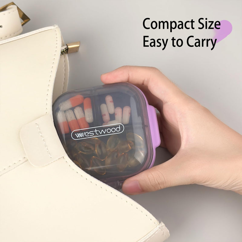 Travel Pill Organizer, Portable Pill Case - Pre-Labeled 7 Compartments | 7 Organized Slot(6 Small + 1 Large) for Daily Pills, Secure Double-lock, Pocket Purse Organizer for Vitamins Medicine, Purple