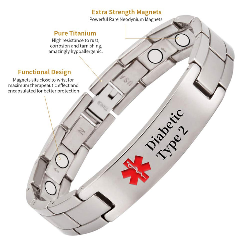 [Australia] - Titanium Medical Alert Bracelet for Men Women, Type 2 Diabetes, High Blood Pressure, Blood Thinner, Hypoallergenic, 8.46inch Wristband Type 2 Bracelets 