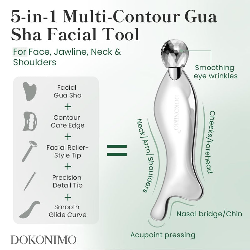 FSA, HSA Eligible, 5-in-1 Multi-Contour Gua Sha Facial Tool | Facial Rollers & Metal Skincare Tool for Face, Jawline, Neck and Shoulder Care, Reusable Beauty Tool for Daily Self-Care 142g