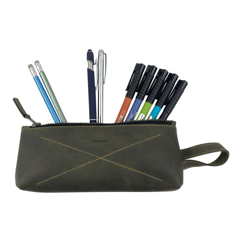 Hide & Drink, Carry-On Toiletry Bag, Pen and Pencil Case, Cable Organizer, Storage for Utensils, Travel Essentials, Full Grain Leather, Handmade, Dark Jade