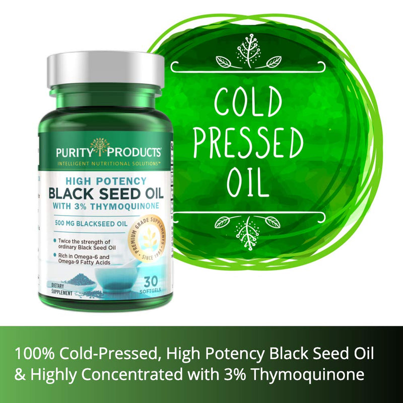 [Australia] - High Potency Black Seed Oil - Double Strength + Cold Pressed - 3% Thymoquinone - 500 mg Black Cumin Seed Oil - Omega 6 + 9 Essential Fatty Acids - Easy to Swallow, Just One Per Day - 30 Mini Softgels 