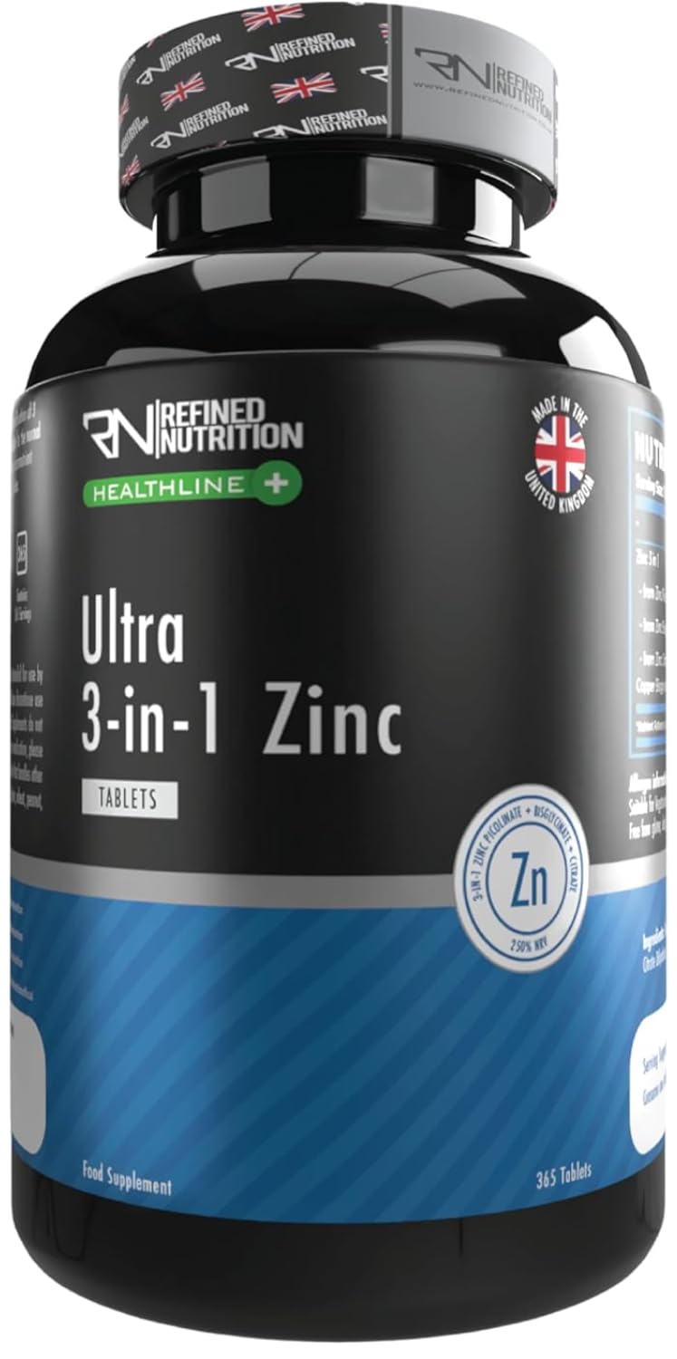 Refined Nutrition Ultra 3-in-1 Zinc Tablets | 25mg High Strength Zinc Picolinate, Bisglycinate & Citrate with Copper | 365 Vegan Supply (1 Year) | Immune System & Skin Support | UK Made 365 count (Pack of 1)