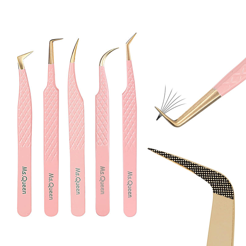 Ms.Queen Eyelash Extension Tweezers Set,Fiber Tip Volume Tweezers Curved 45 90 Degree Angled Tip Lash Tweezers for Mega Volume Mink Lashes 5PCS SET 5pcs Tweezers Set/M018