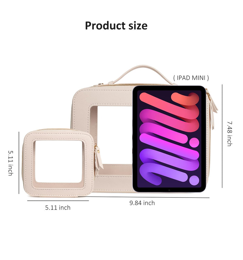 2 Pack Clear Travel Toiletry Bag for Women, Large & Mini Waterproof PU TSA Approved Cosmetic Pouches,Portable Beach Vacation Makeup Organizer Set,See Through Skincare Sunscreen Bags for Women 0-Large+Mini-Beige