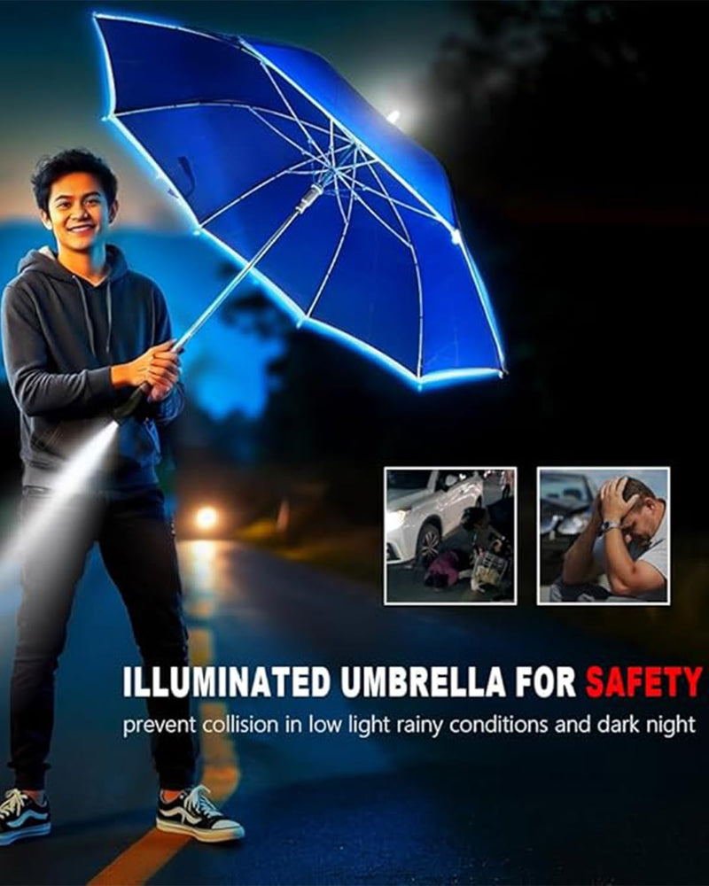 32 Inch Auto Open Umbrella with Built-in LED Light, Windproof Handheld Sun Rain Umbrella with Bottom Flashlight and Safety Reflective Strips, Portable Daily Use for Adults Blue