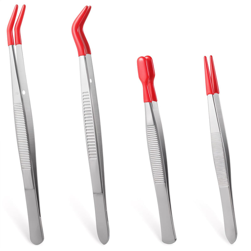 [Australia] - 4 Piece Tweezers with Rubber Tips Tweezers Flat Curved Tip with Red Silicone Coated PVC Rubber Jewelry Tweezers Long Tweezers for Stamp Jewelry Hobby Craft Industrial Electronic 