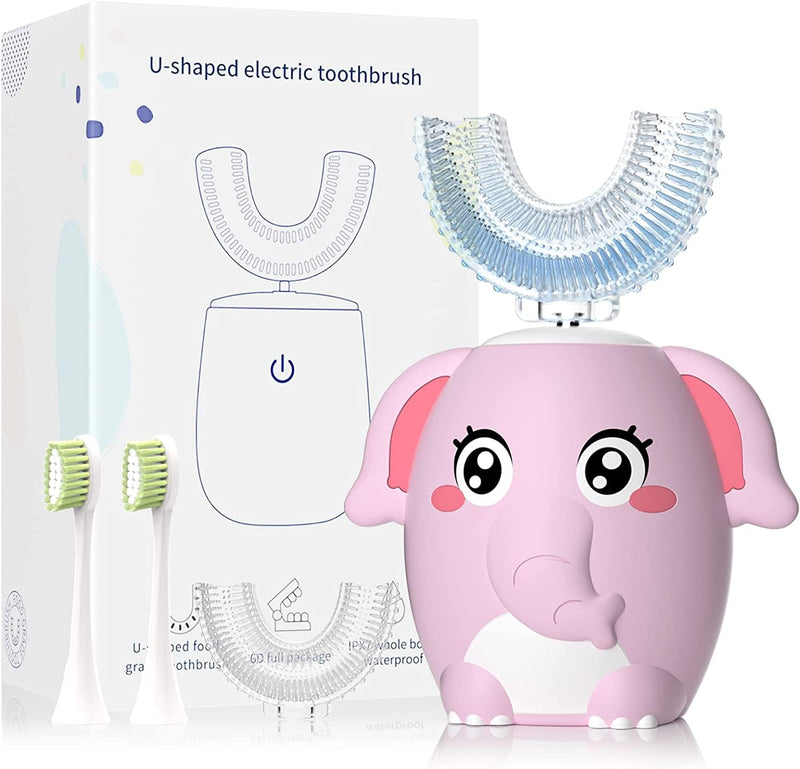 Kids Electric U Shaped Toothbrush Children Rechargeable Sonic Toothbrush with 4 Brush Heads Full Mouth 6 Cleaning Modes -(Age 8-15 Pink) Pink Elephant（ages 8-15）