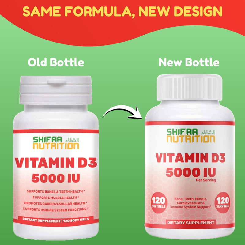 SHIFAA NUTRITION Halal Vitamin D, Halal Vitamin D3, 5000 IU Softgels, 120 Servings. Non-GMO, Gluten-Free, Supports: Structure, Bones, Teeth, Heart, Muscle & Immune Functions