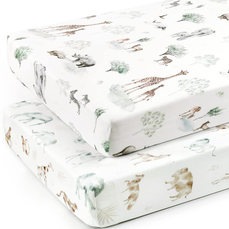 [Australia] - Stretch Ultra Soft Jersey Knit Fitted Crib Sheets Set 2 Pack，Fit All Standard Crib Mattress Pads Safe and Snug, Crib Fitted Sheet for Baby, Stylish African Savannah Animals Pattern Savannah Animal 