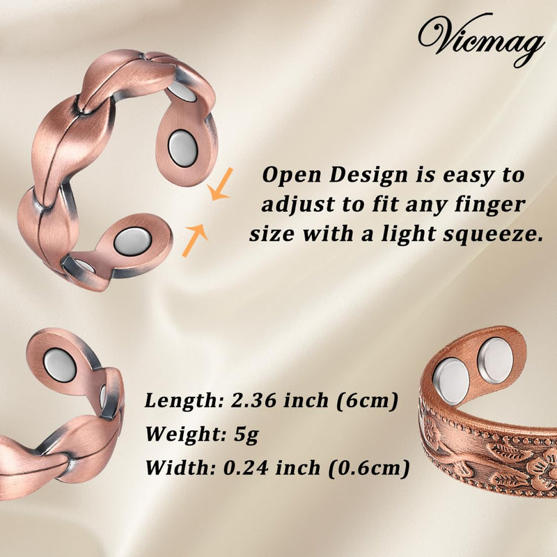 [Australia] - Vicmag Copper Magnetic Ring for Women, Copper Ring Ladies Fingers Thumb 100% Solid Pure Copper Jewelry Gift Adjustable Rose Gold+Copper Flower 