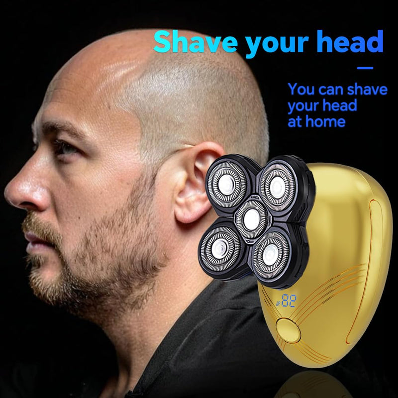 [Australia] - 5-in-1 Electric Cordless Razor for Men Head Shaver for Bald Men Grooming Kit with Nose Trimmer-Hair Clippers-Facial Brush, LED Display Rotary Shavers,USB Charging Rechargeable (Gold) Gold 