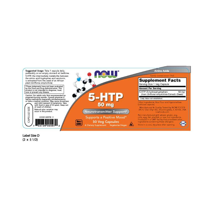 NOW Supplements, 5-HTP (5-hydroxytryptophan) 50 mg, Neurotransmitter Support*, 30 Veg Capsules 30 Count (Pack of 1)